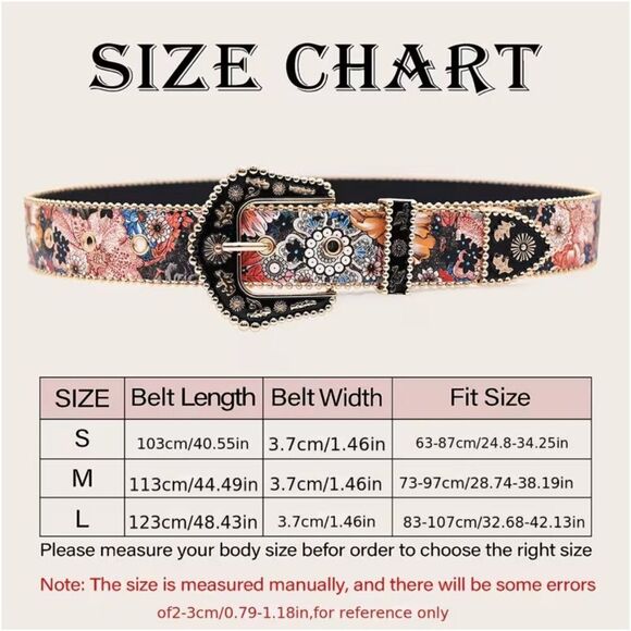 Floral Print Western Belt Red & Blue Golden & Black Enamel Buckle Boho Statement